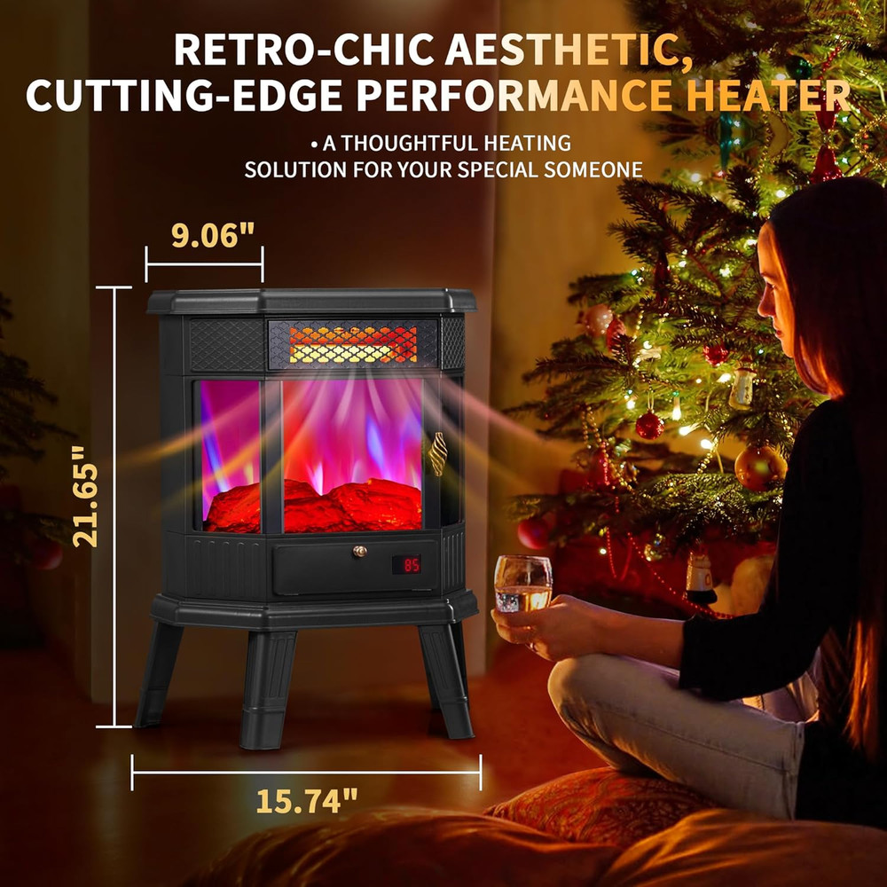 22" Electric Fireplace Heater with 3D Flame, Remote, Timer & Safety Features