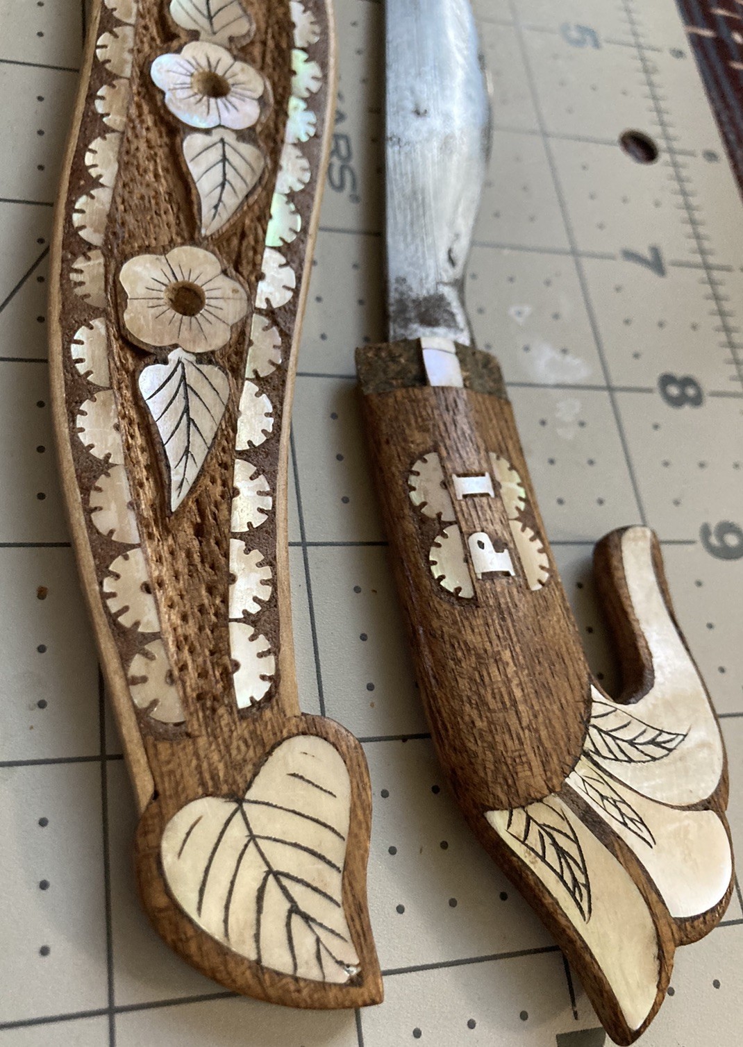 Vintage Philippines Bolo Knife with Sheath Scabbard Used Carved Wood