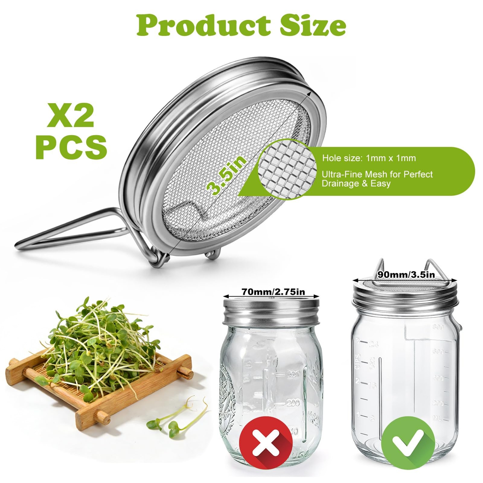 Sprouting Lids for Wide Mouth Mason Jars, 2Pack Reusable Stainless Steel Screen