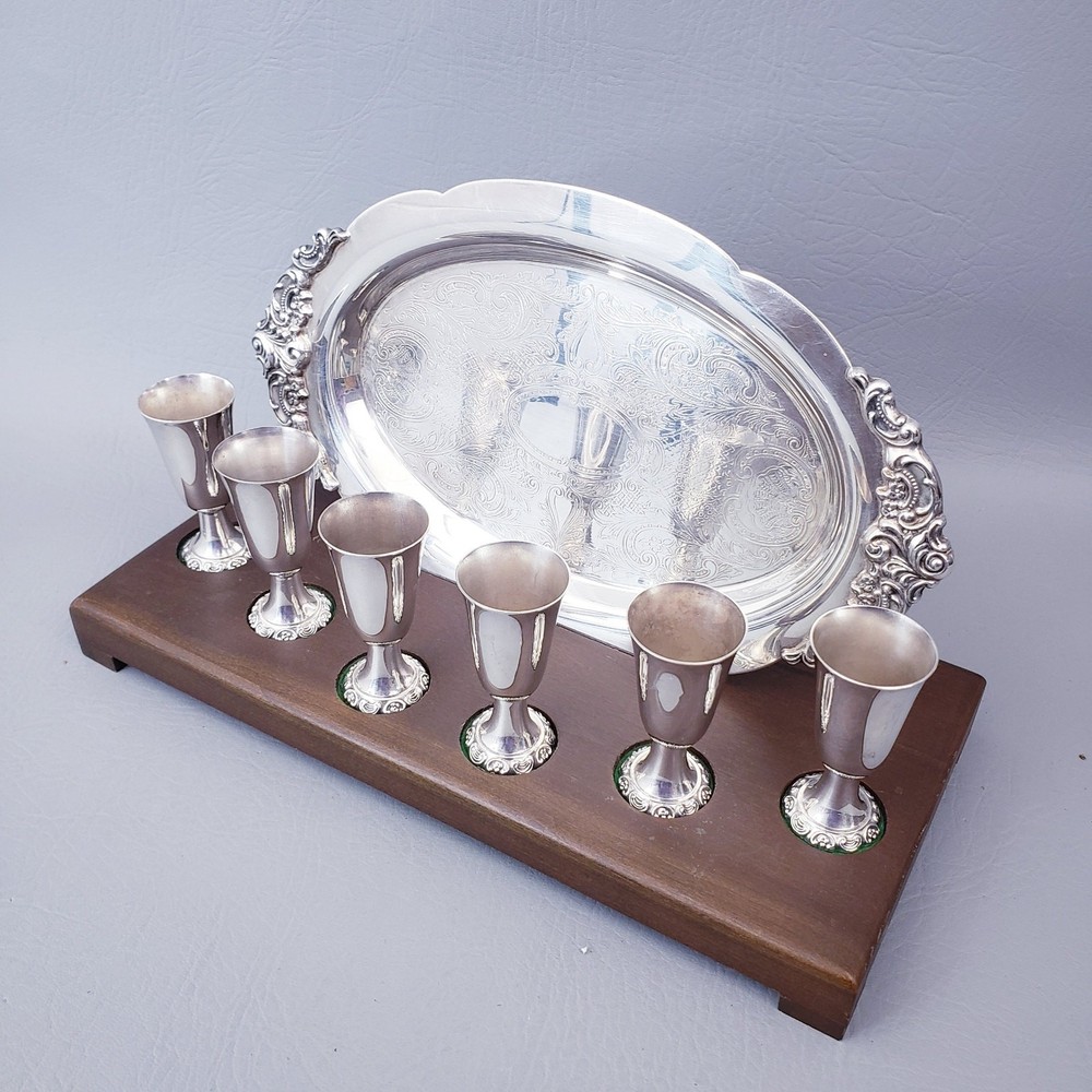 Wallace Baroque Small Cordial Set 6 Cups w/ Tray #232 10" Sherry Brandy