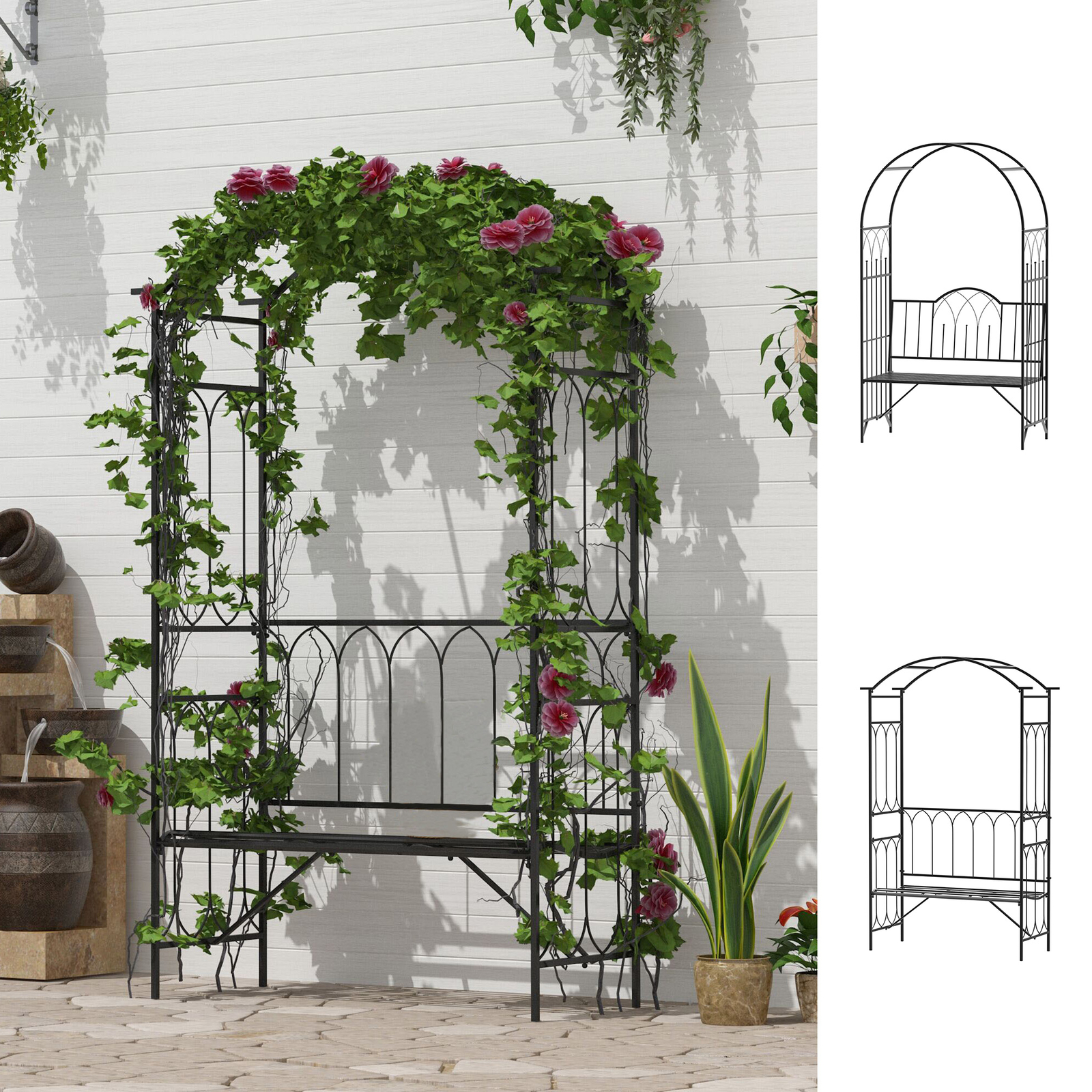43"/45” Steel Metal Outdoor Garden Arbor Archway with Bench Seating Black