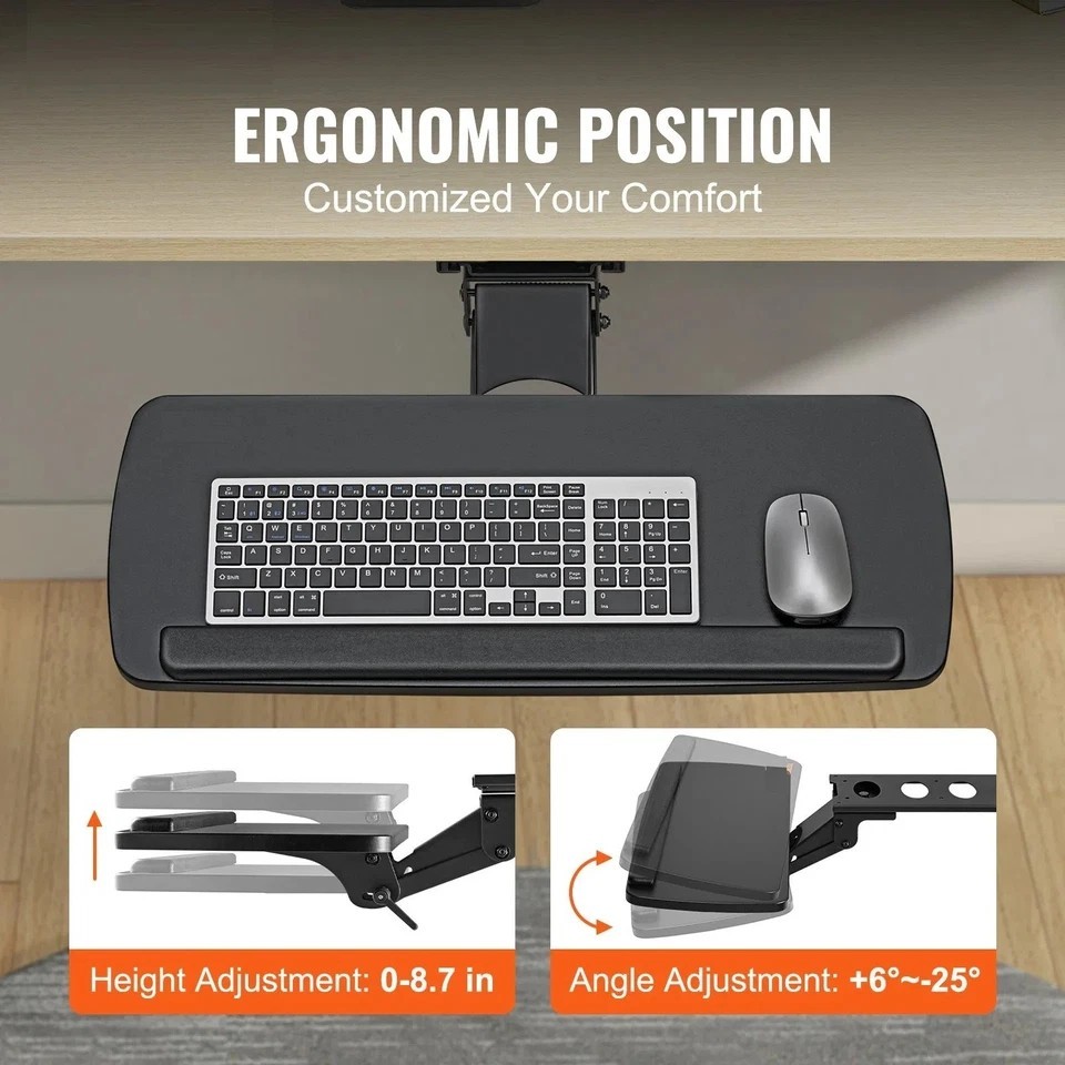Keyboard Tray under Desk Adjustable Height, Height and Angle Adjustable under