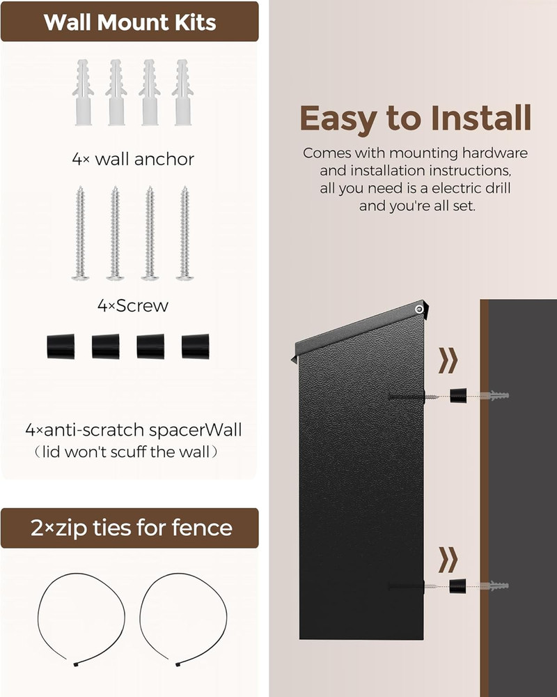 Locking Wall-Mount Mailbox for Outside, with 4 Keys, Galvanized Steel Rustproof