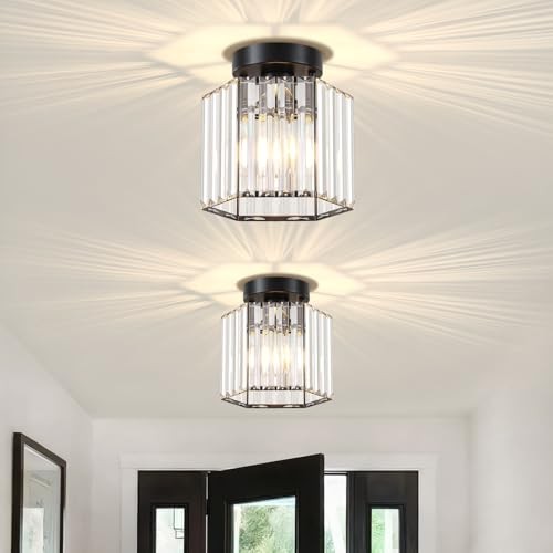 2 Pack Crystal Semi Flush Mount Ceiling Light, Hallway Light 1-Light Black