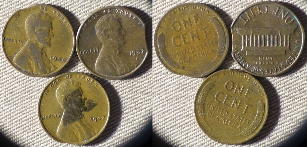 Error : 3 Coins Cent Clips 1940 ; 1942 ; 1982D 1-4% IREC195