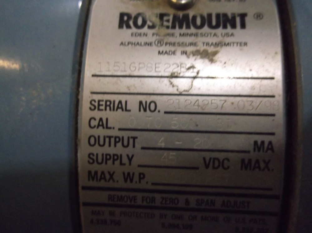 ROSEMOUNT 1151GP8E22B1 PRESSURE TRANSMITTER 1000 PSI MAX WP (815)