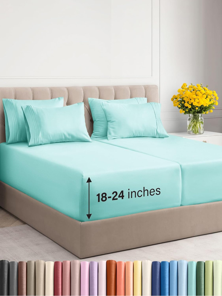 Extra Deep Split King Sheet Set - 7 Piece Breathable & Cooling Sheets - Hotel Lu