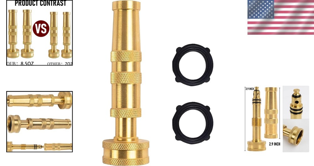 Versatile 4" Brass Hose Nozzle with Adjustable Flow & Rubber Washers Included