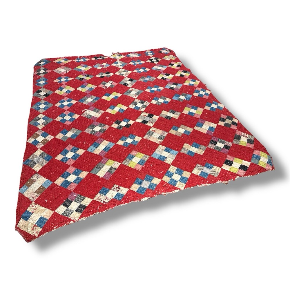 Vtg Nine Patch on Point Quilt Hand Sewn Red Feedsack Patchwork Distressed *Read