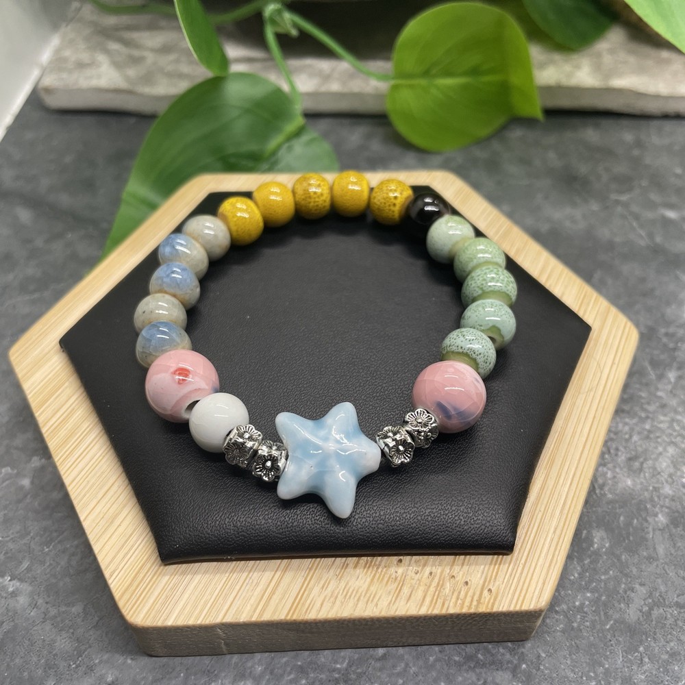 Handmade Ceramic Bead Beaded Stackable 6.5” Plus Stretch Bracelet New B468