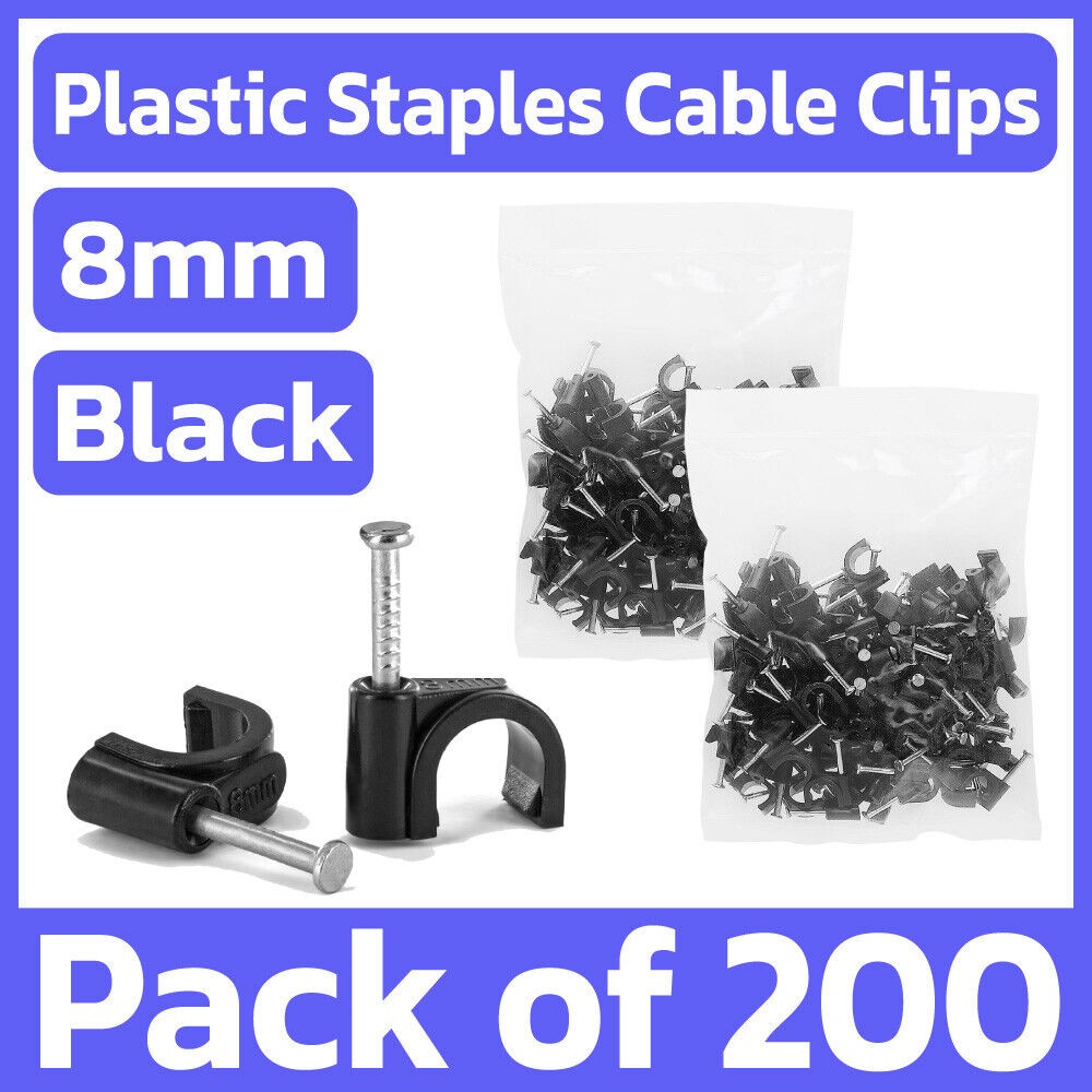 200 Pack Black Round Cable Clips with Nail 8mm Cord Holder Wall Mount Clip Tacks