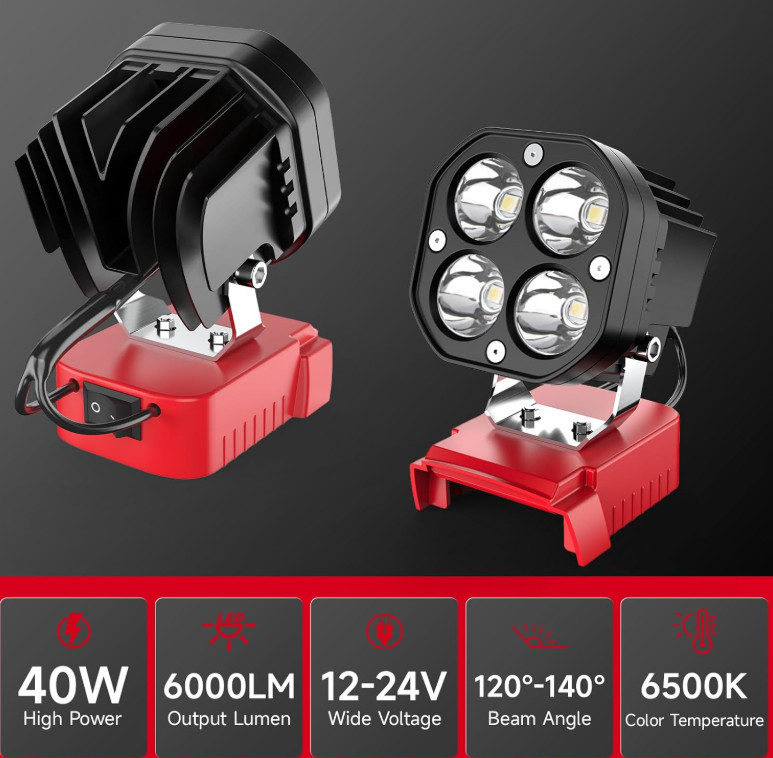 40W 6000LM LED Work Light Flashlight Compatible with Milwaukee 18V Battery