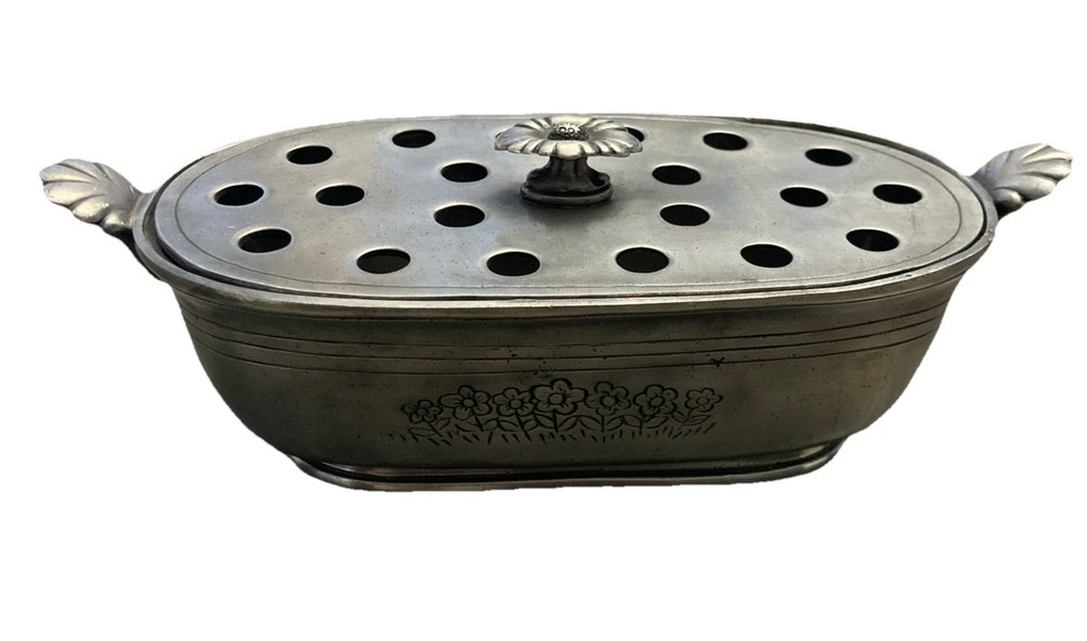 Vintage Pewter Flower Frog & Basket Pot Dish