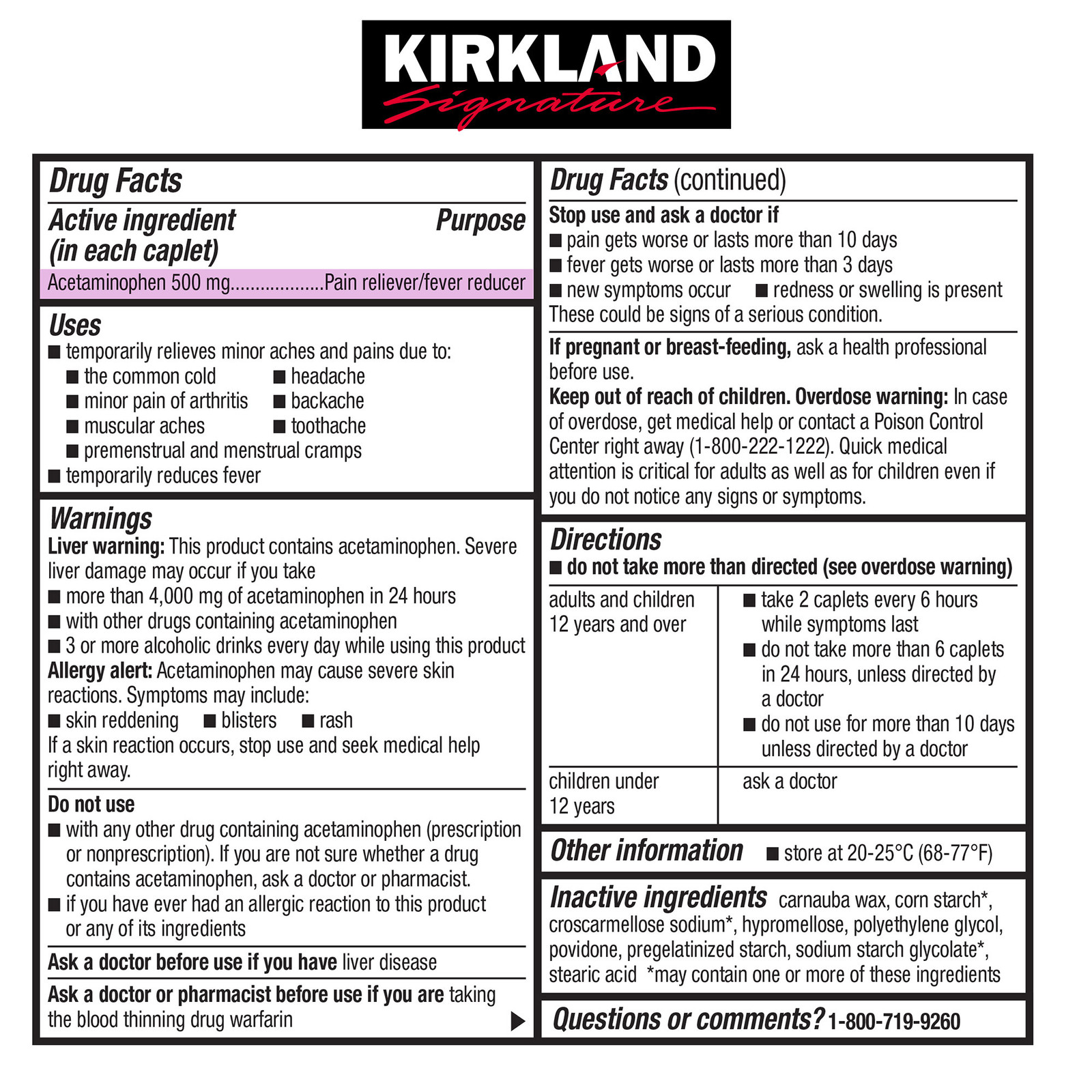 Kirkland Signature Acetaminophen 500 mg Extra Strength Pain Relief 1000 Caplets