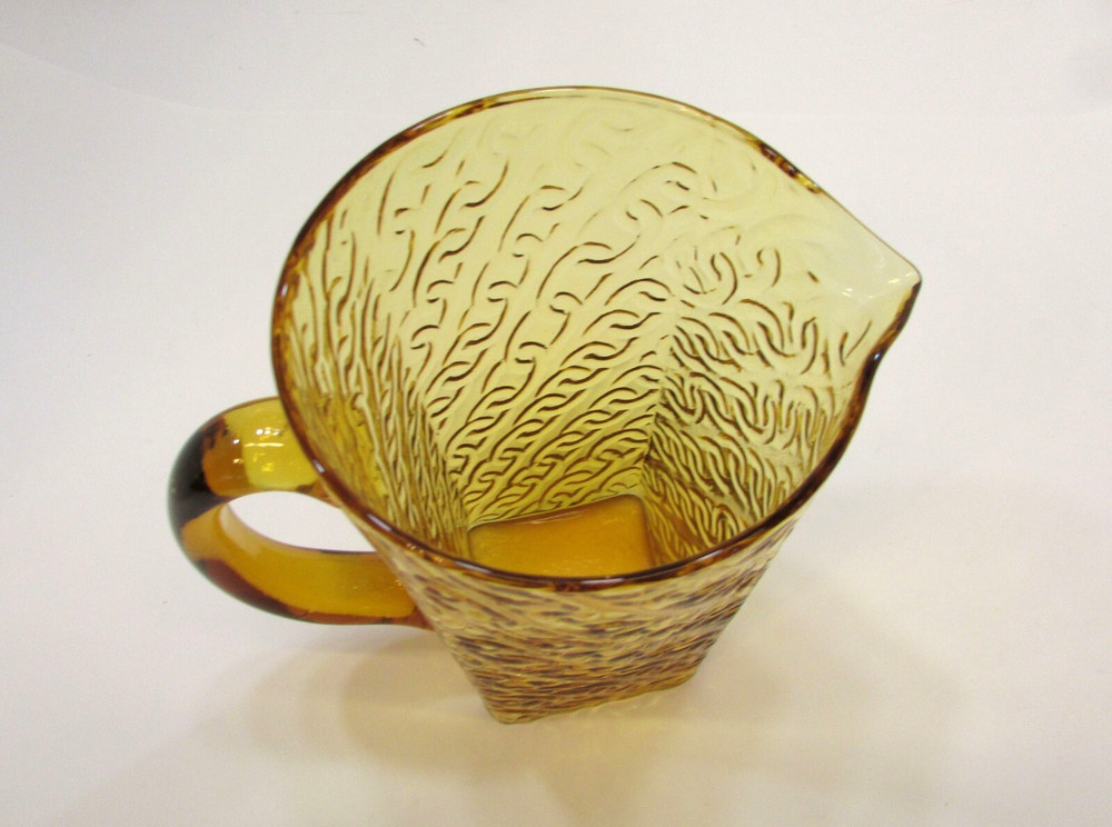 Vintage Unusual Log Chain Link Embossed Pattern Square Bottom Gold Glass Pitcher