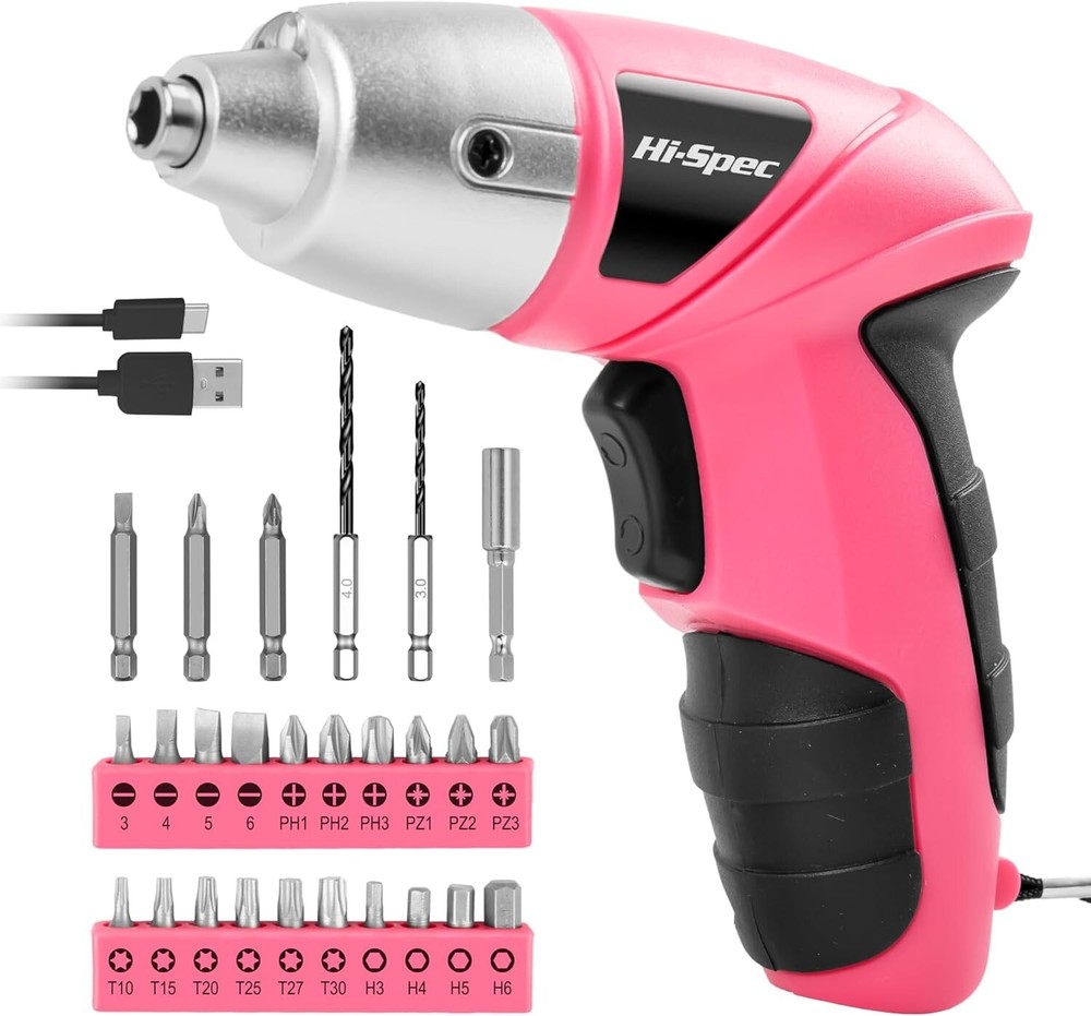 USB Rechargeable Pink Electric Screwdriver with 27 Driver Bits for DIY Projects