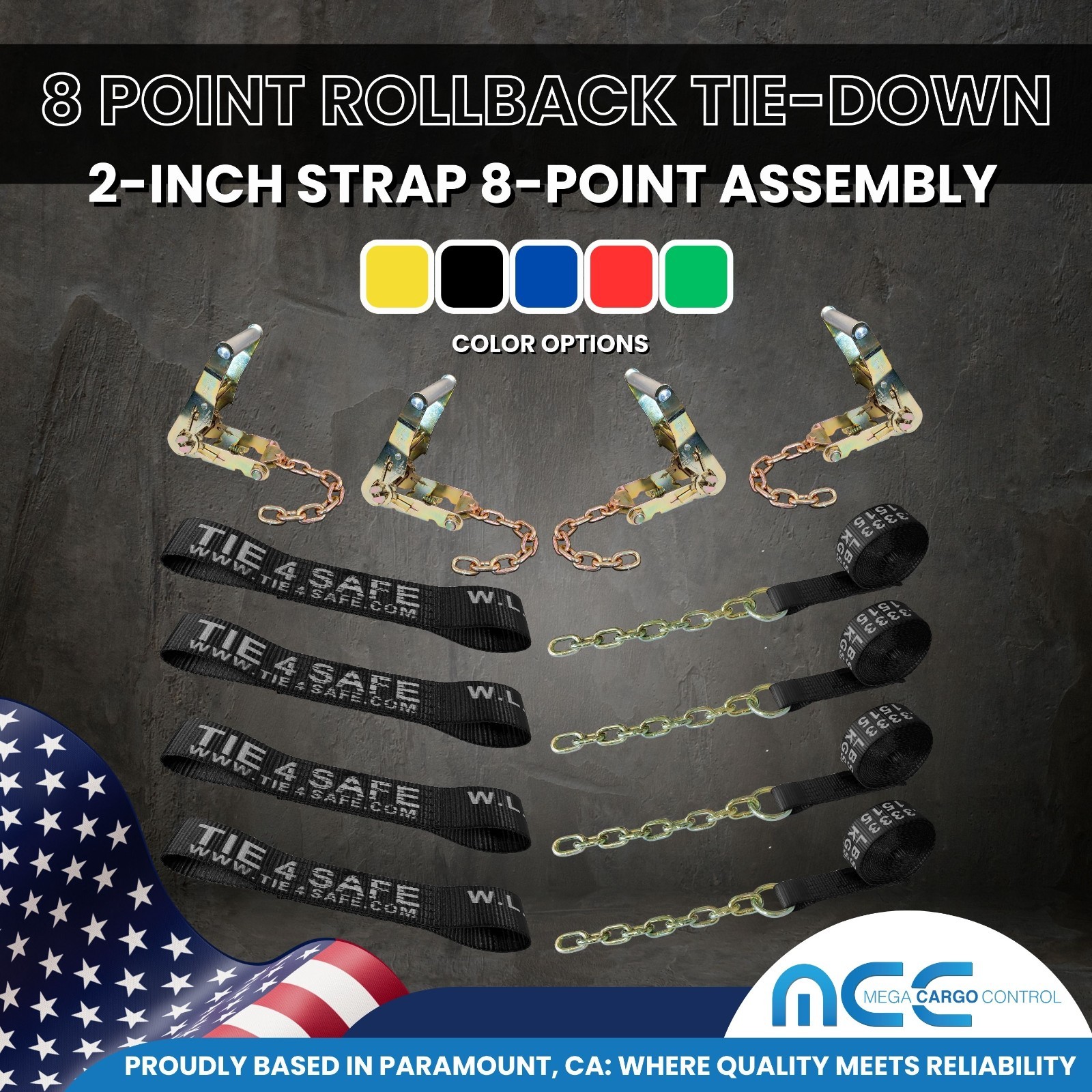 8 Point Rollback Tow Truck Tie Down Kit w/Chain End Towing USA Custom Made Black