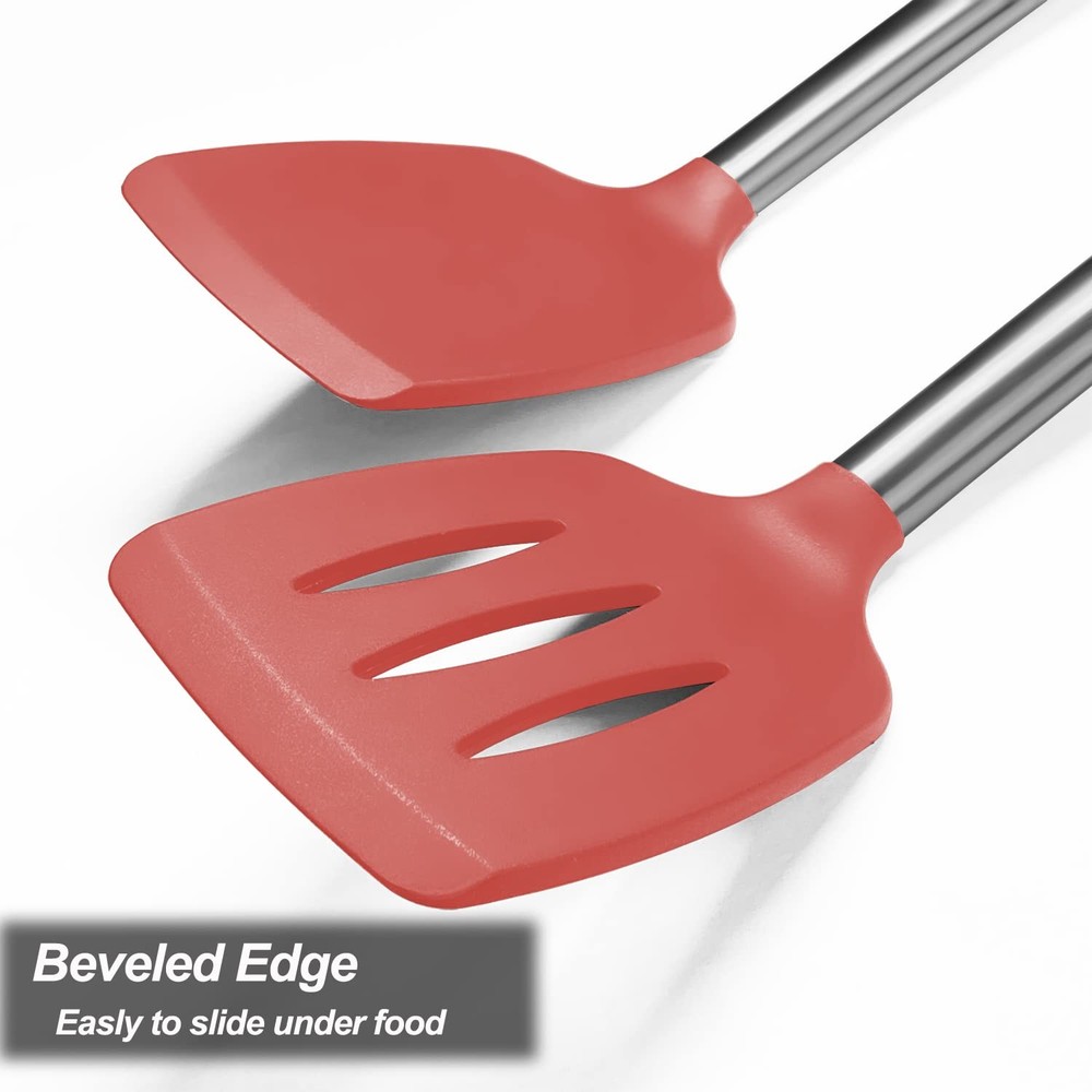 2 Pack Spatulas, Solid & Slotted Silicone Spatula Set, Stainless Steel Handle...