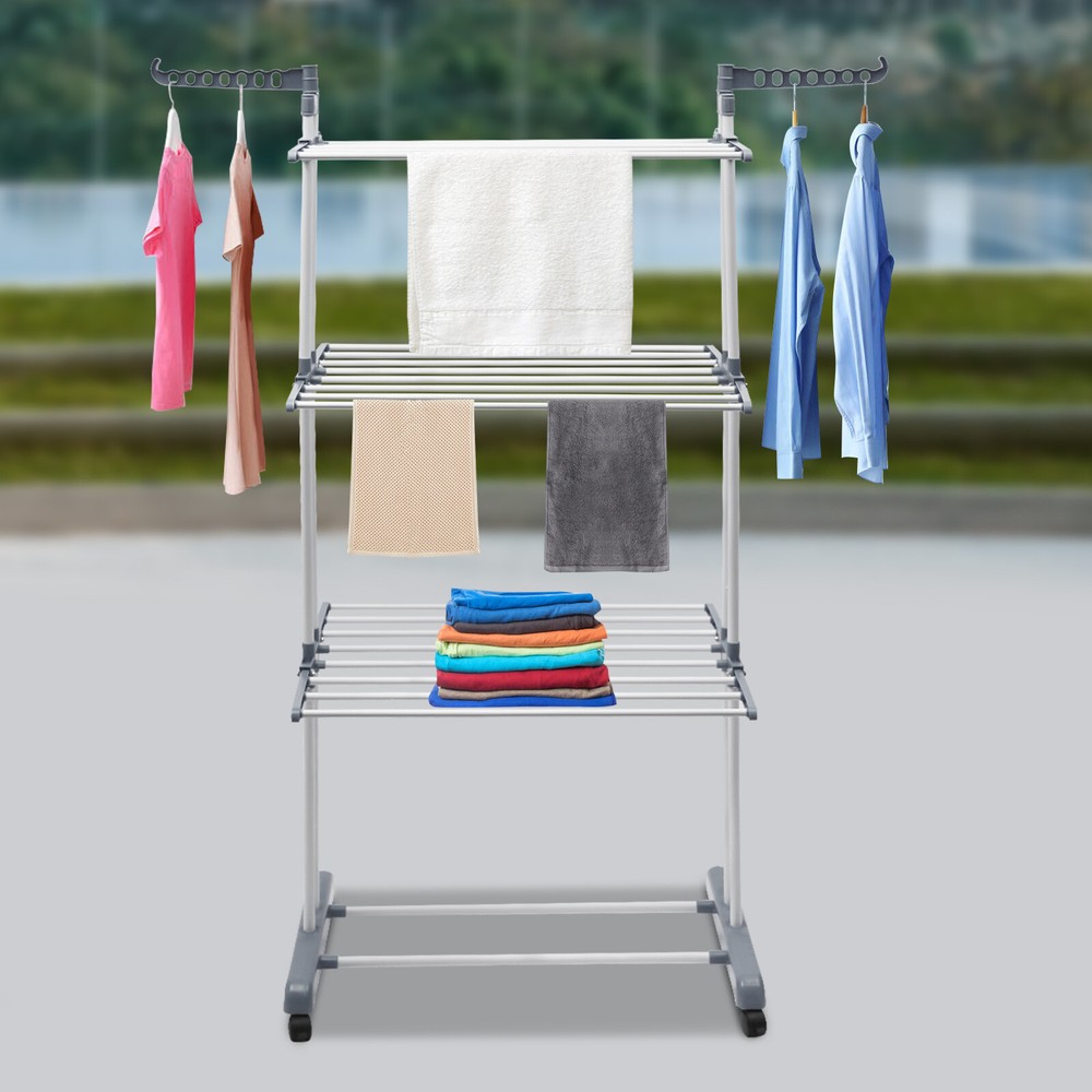 67" Portable Folding Drying Rack with Retractable Trays & Stable Structure