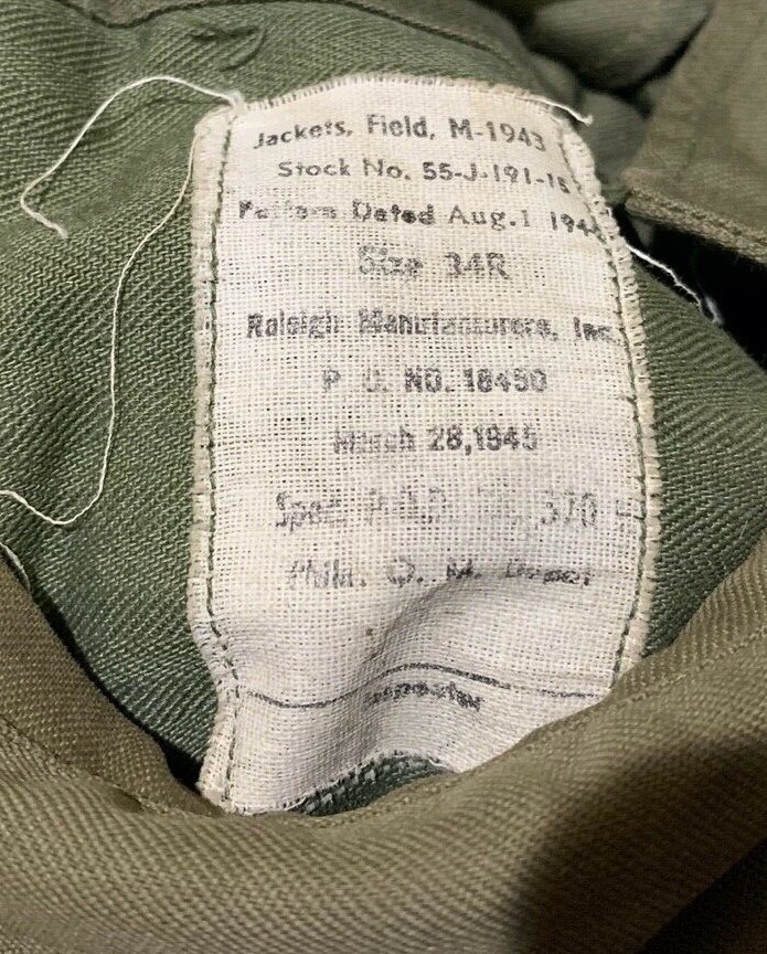 US Military Field Jacket M-1943 OD Green WWII Button Front Dated 1945 Size 34R