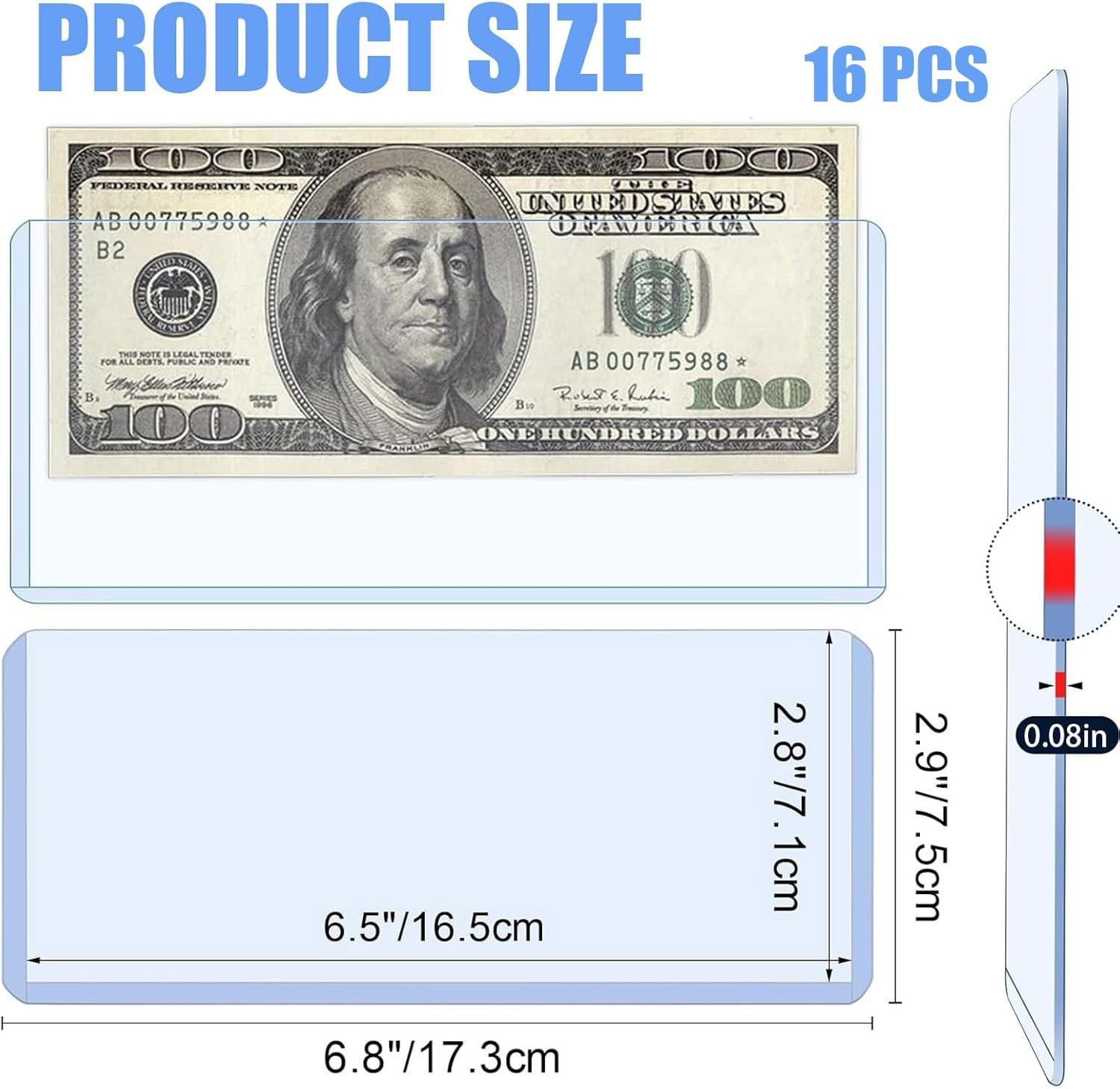 16 Pack Dollar Bill Sleeves, 6.8" x 2.9" Banknotes Top-Insert Holders, Hard...