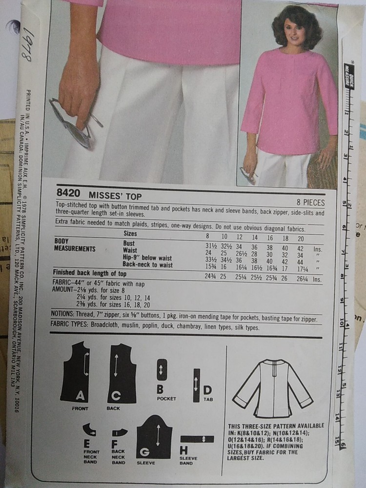 Shirt Blouse 10 12 Simplicity ESP 8420 Sewing Pattern 1/4 Button Pullover Top