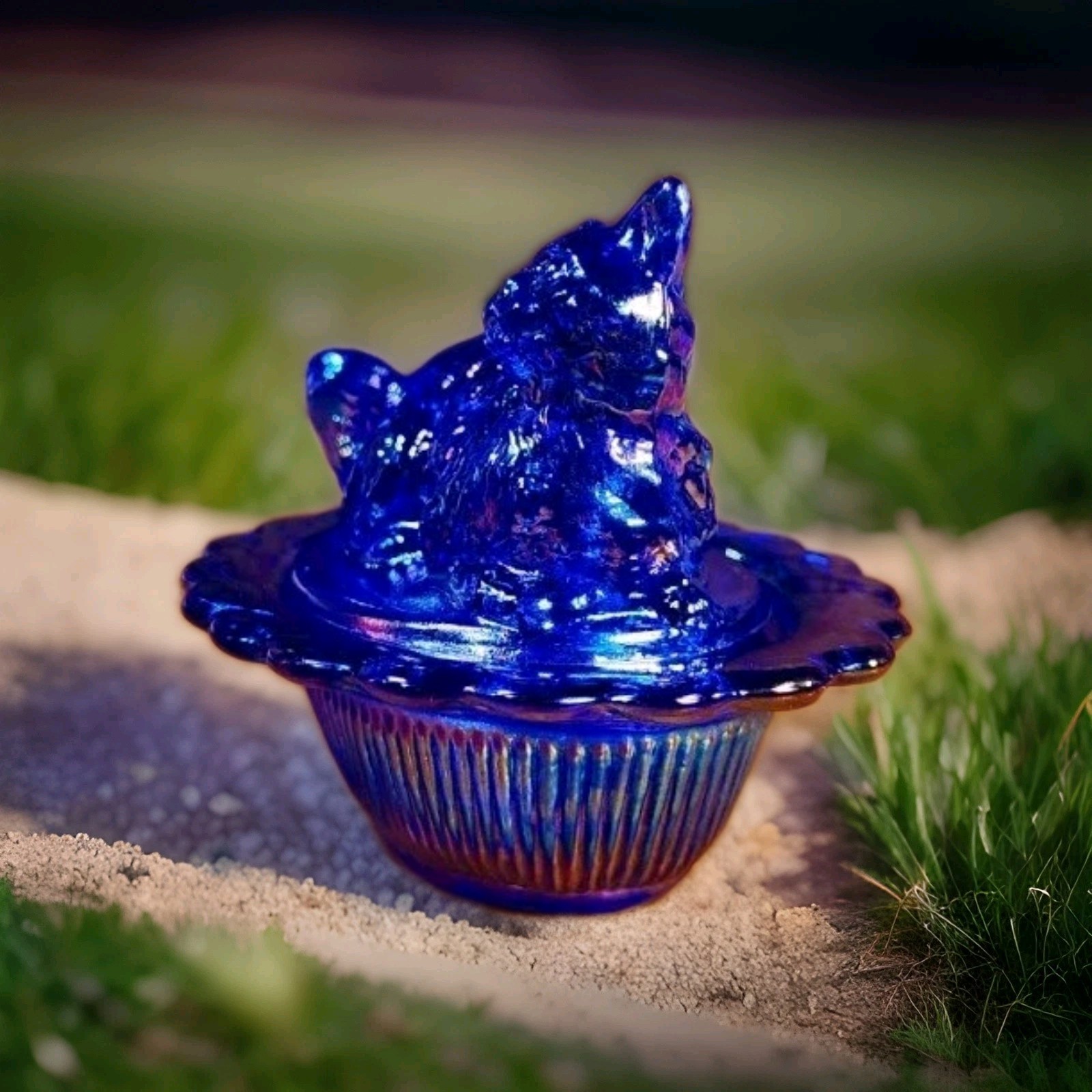 Mini Cat On Basket Cobalt Blue Carnival 2.75" x 2.25" Mosser Glass