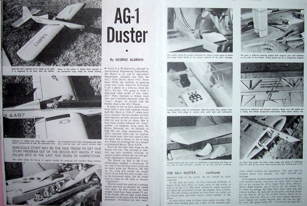Aldrich AG-1 DUSTER PLAN + CONSTRUCTION ARTICLE for 54" UC Stunt Model Airplane