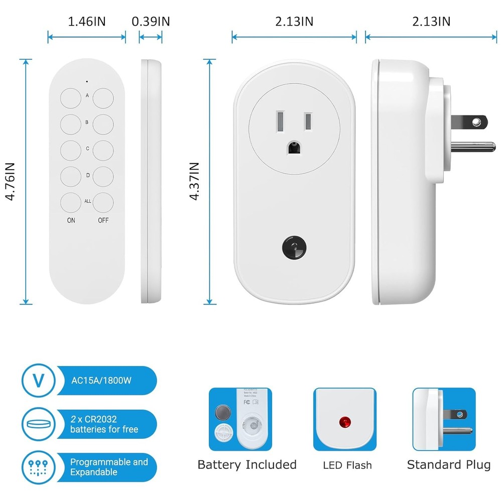 3 Pack Remote Control Outlet, 15A Wireless Switch Plug for Christmas Lights