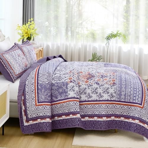 Purle Quilt Set Size,3 Pieces Boho Patchwork Bedspread Coverlet King Purple
