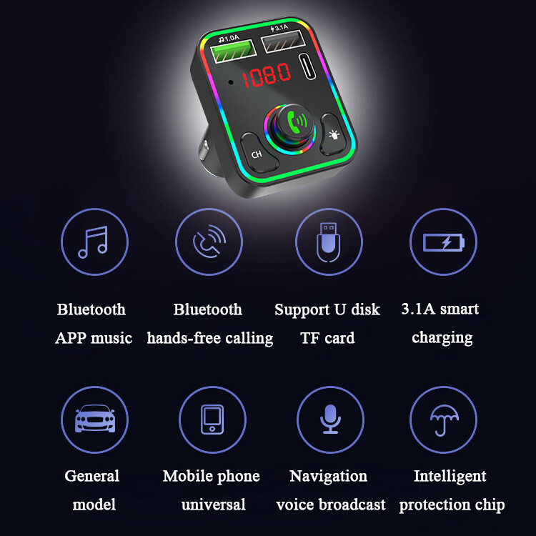 Bluetooth 5.0 Car Wireless FM Transmitter Adapter 2-USB PD Charger Colorful LED