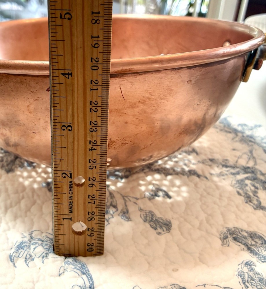 Large 9” Copper colander Cobre Chili solid Brass Accents Signed 6.5” Handle