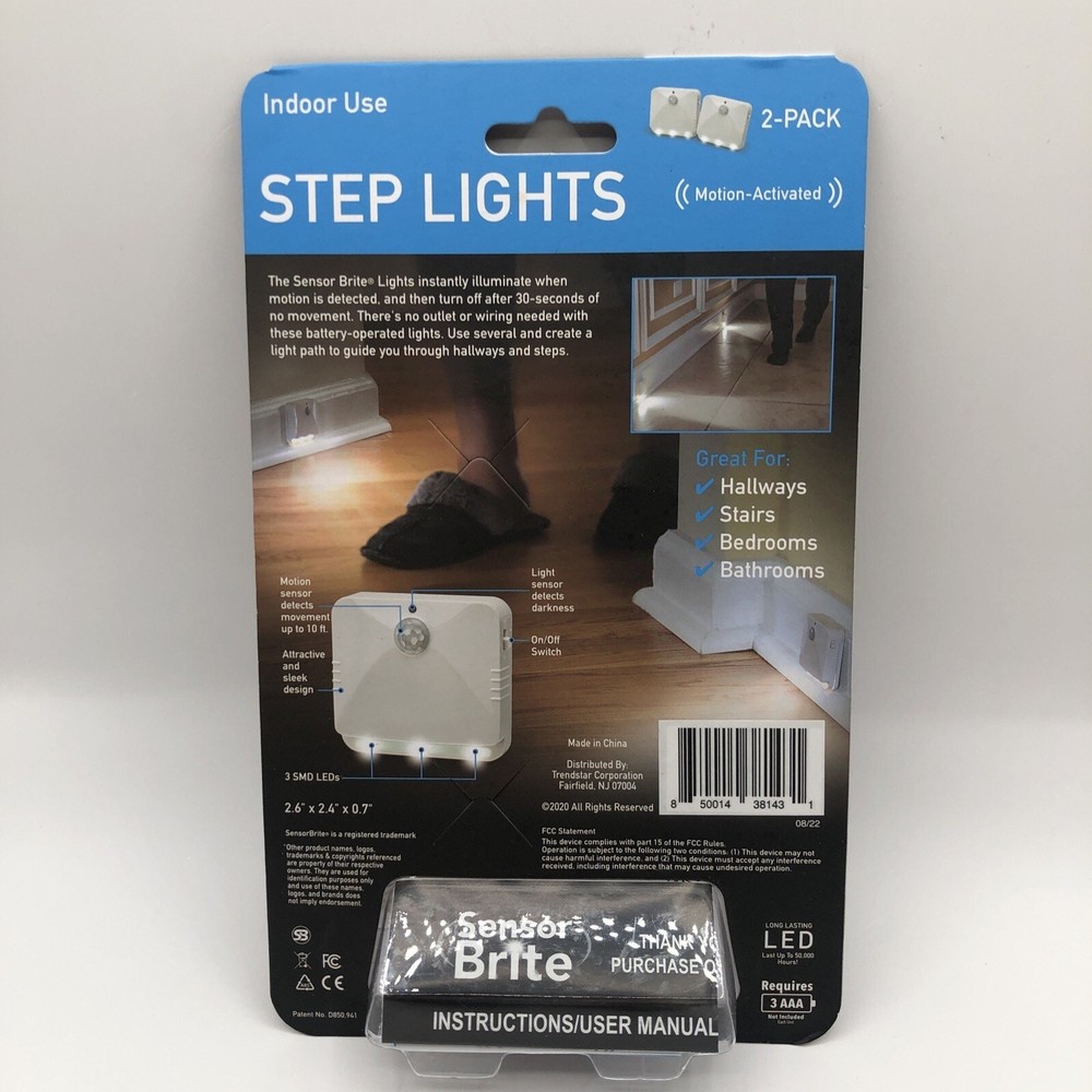 (2-Pk) Sensor Brite Peel & Stick Wireless Motion-Activated LED Step Lights