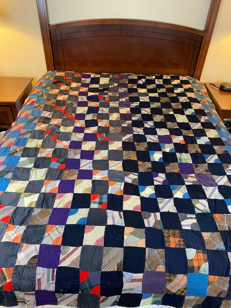 1920s Wool Quilt Drunkard’s Path Variation Antique Patchwork Blanket Heavy 80x65