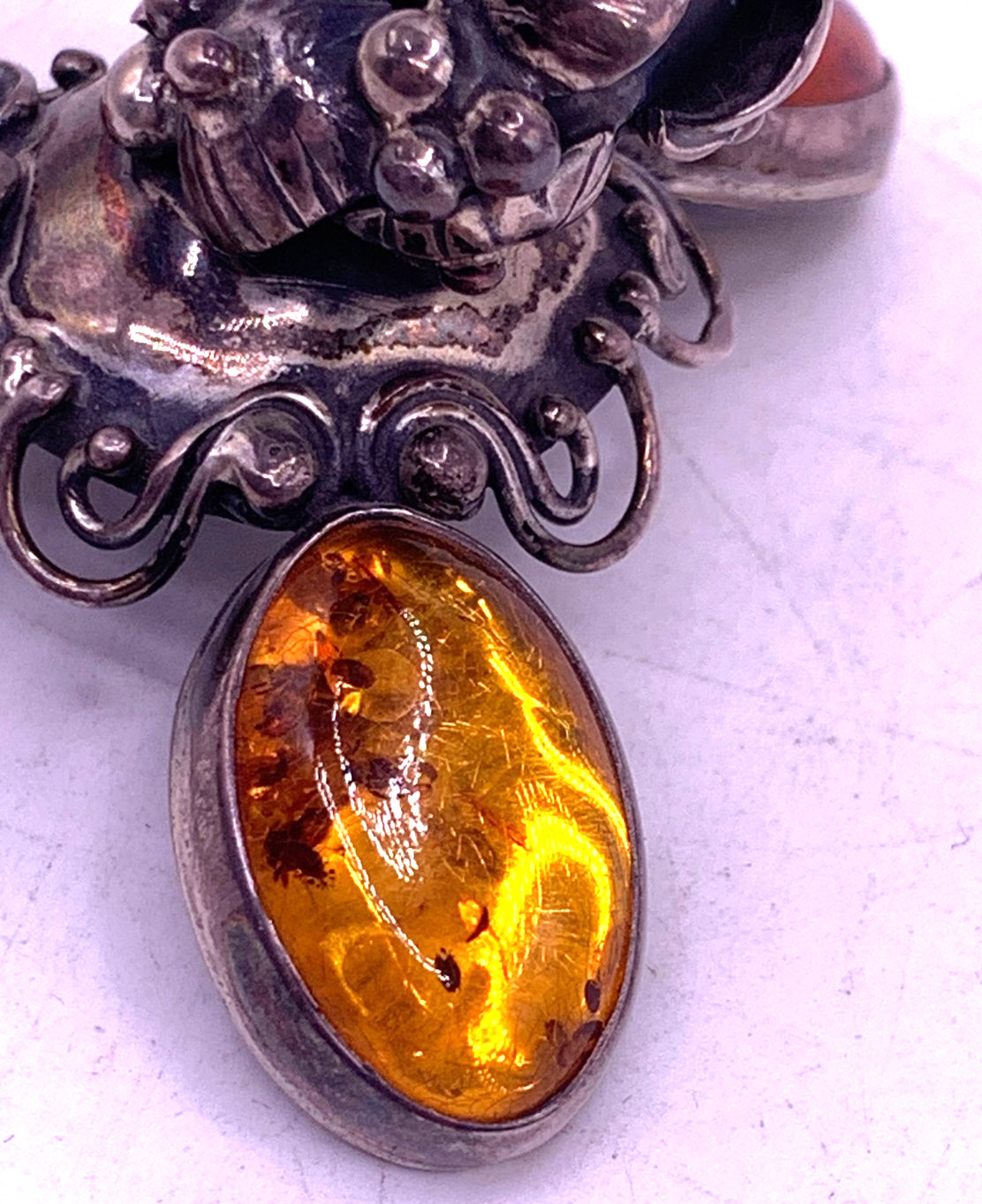 Rare Sterling Silver Candle stick Holder with Baltic Amber Cabochons 88g Poland