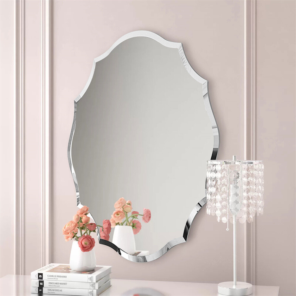 Scalloped Edged Oval Wall Mirror Frameless Wide Beveled Statement Accent Decor