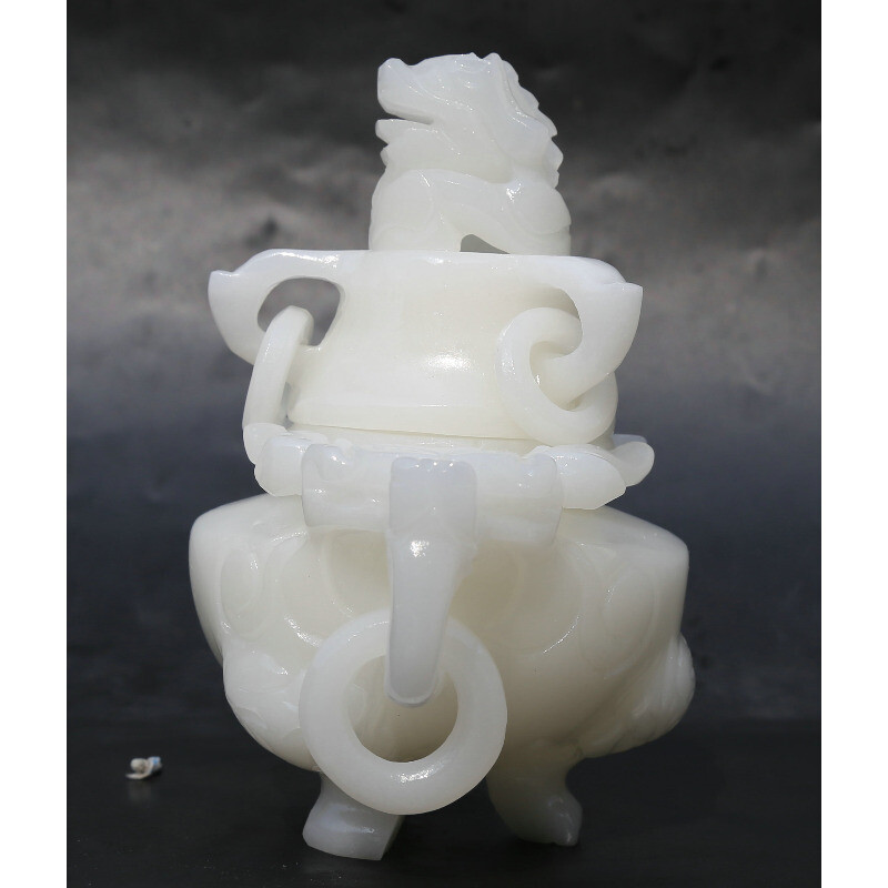 6.5" Chinese White Jade Carved Dragon Head Beast Tripodia Incense Burner Censer