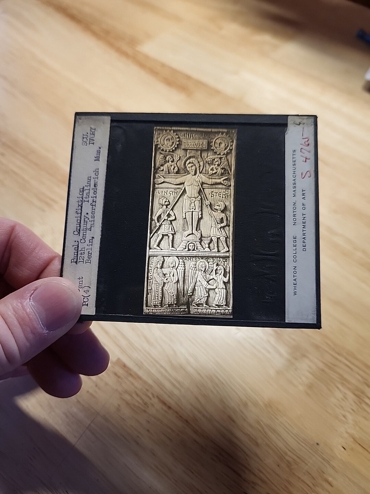 Vtg Magic Lantern Slide-Panel: Crucifixion-12th Century Italian