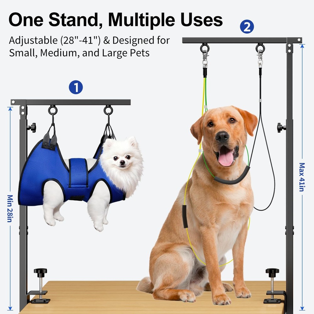 Foldable Dog Grooming Table Arm – Adjustable 28"-41" Clamp Arm with Hammock, ...