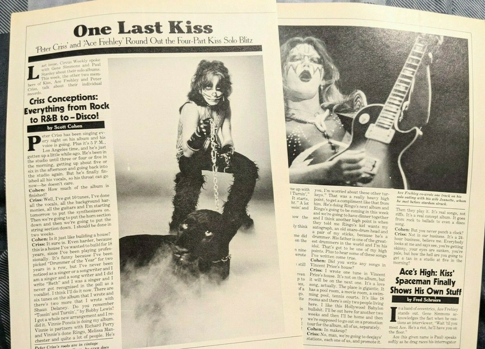 KISS / ACE FREHLEY / PETER CRISS / 1978 2 PAGE MAGAZINE INTERVIEW COMPLETE