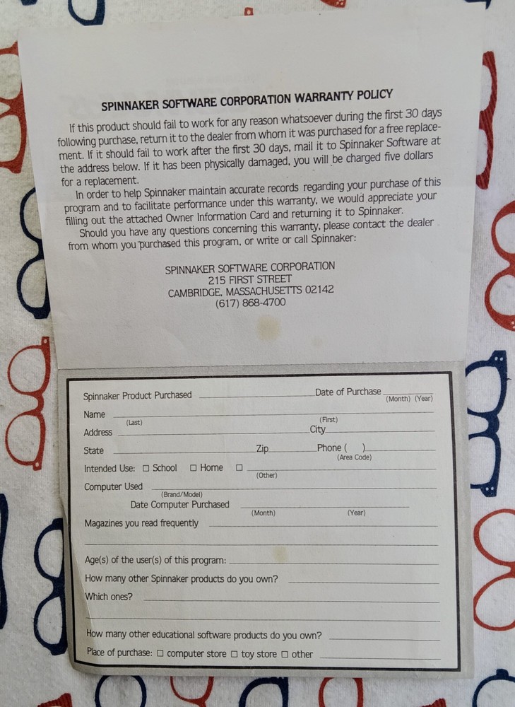 Vintage 1980s Spinnaker Educational Software Survey Card Atari 8-Bit Computers