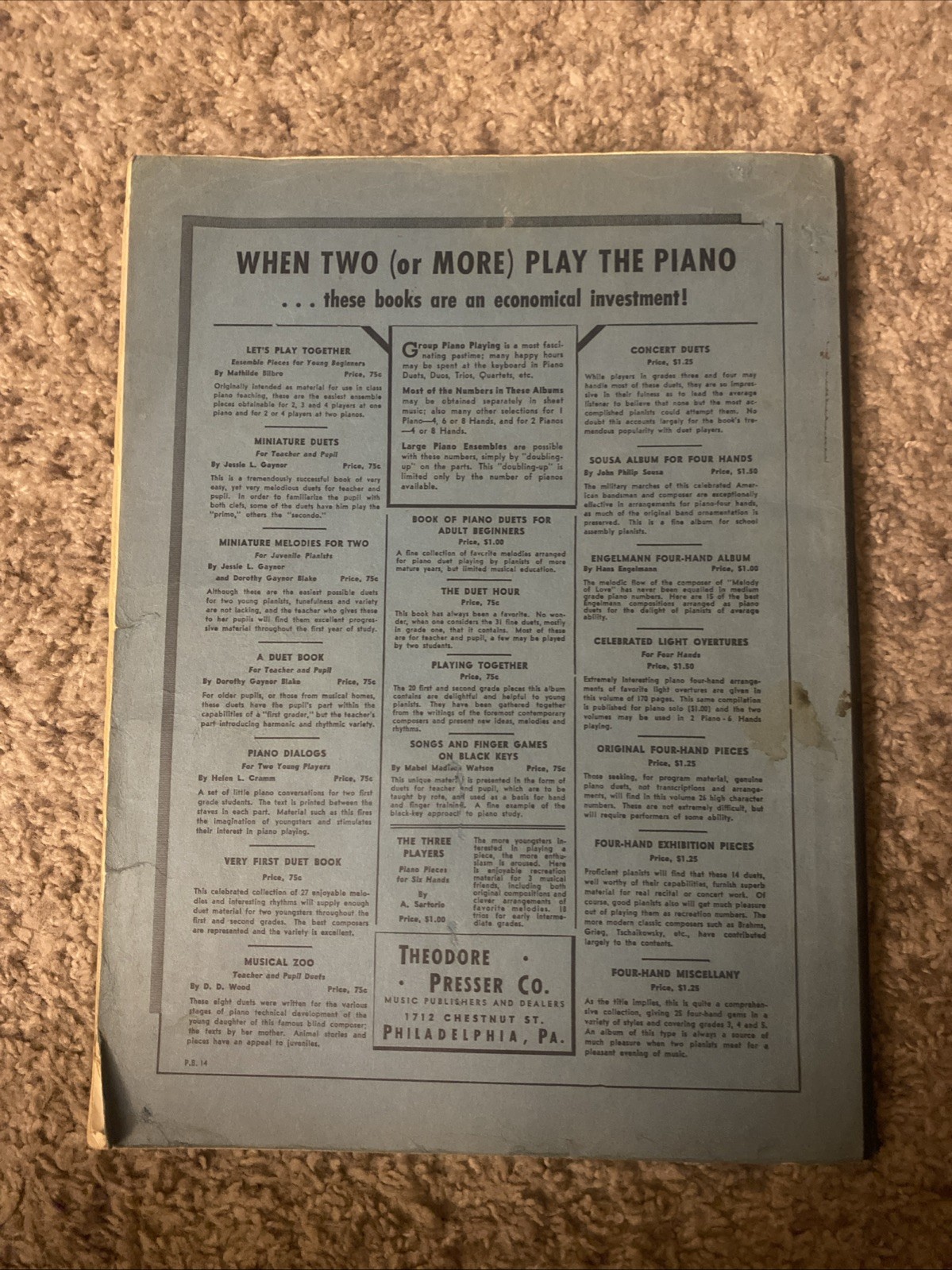 Antique 1899 Piano Book “Concert Duets”