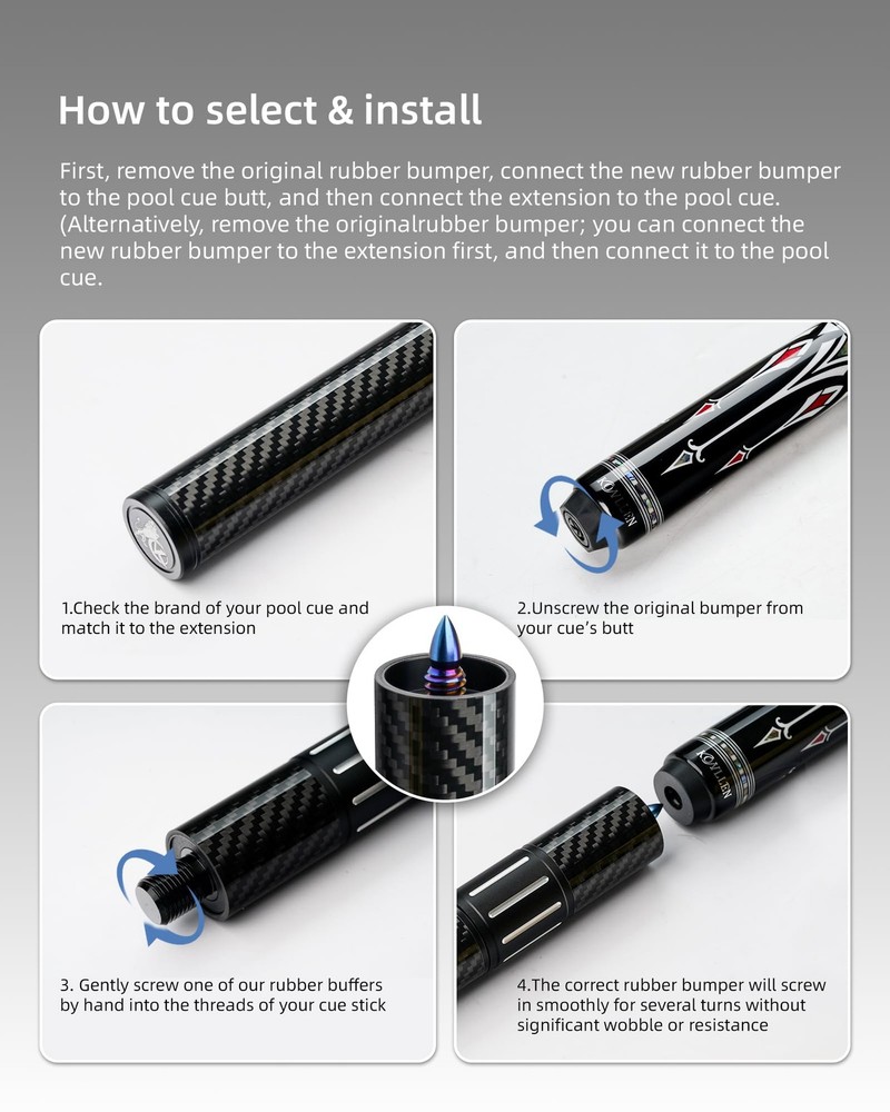 KONLLEN Threaded Carbon Fiber Pool Cue Extension with 3 Adjustable
