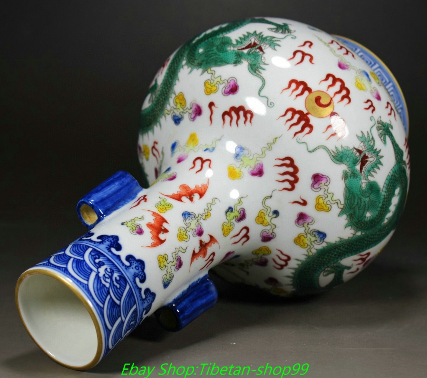 10.2'' Qing Yongzheng Marked Blue White Colour Porcelain Gold Bottle Vase Pair