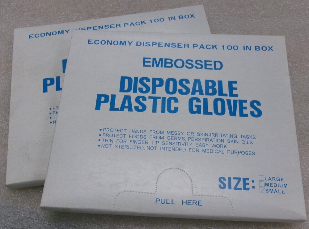 TWO (2) 100-pack POLY EMBOSSED DISPOSABLE PLASTIC GLOVES Size SMALL #206UNA