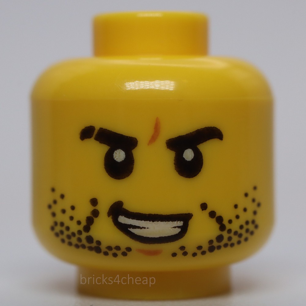 Lego Yellow Minifig Head Beard Stubble Black Eyebrows Scar on Right Eyebrow