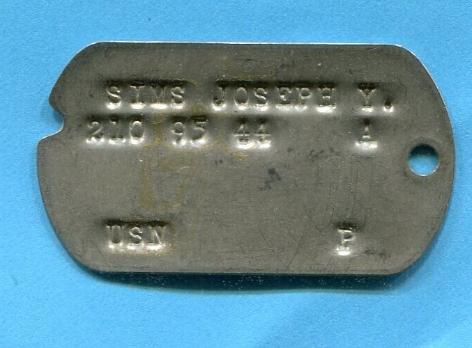 ORIGINAL WORLD WAR 2 DOG TAG JOSEPH Y SIMMS USN US NAVY A P