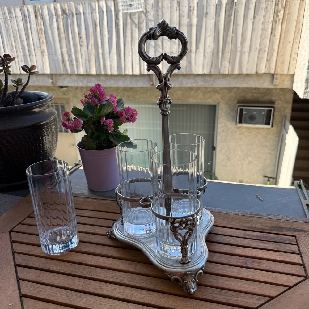 Vintage Ornate Silver-Plated Glass Holder Caddy With Handle & 4 Clear Ribbed Gla