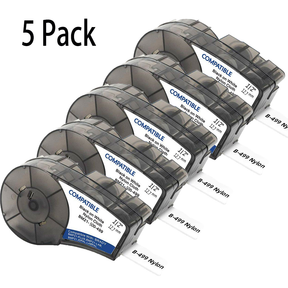 5PK for BRADY M21-500-499 Nylon Cloth Label Cartridge Black on White 1/2” 12.7mm
