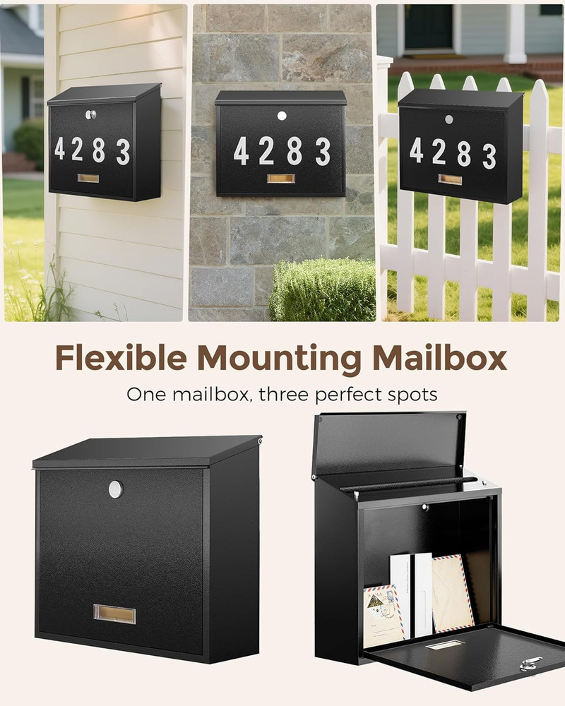 Locking Wall-Mount Mailbox for Outside, with 4 Keys, Galvanized Steel Rustproof